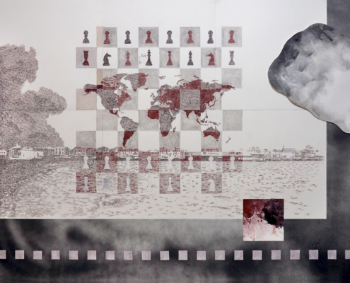 "CHESS": Pencil-color pencils-ink-acrylics-on paper-framed